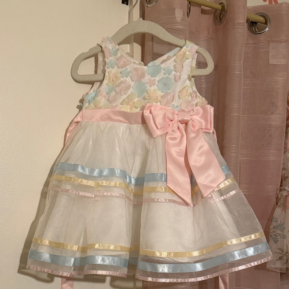 Rare Editions Pastel Floral Dress with Pink Bow